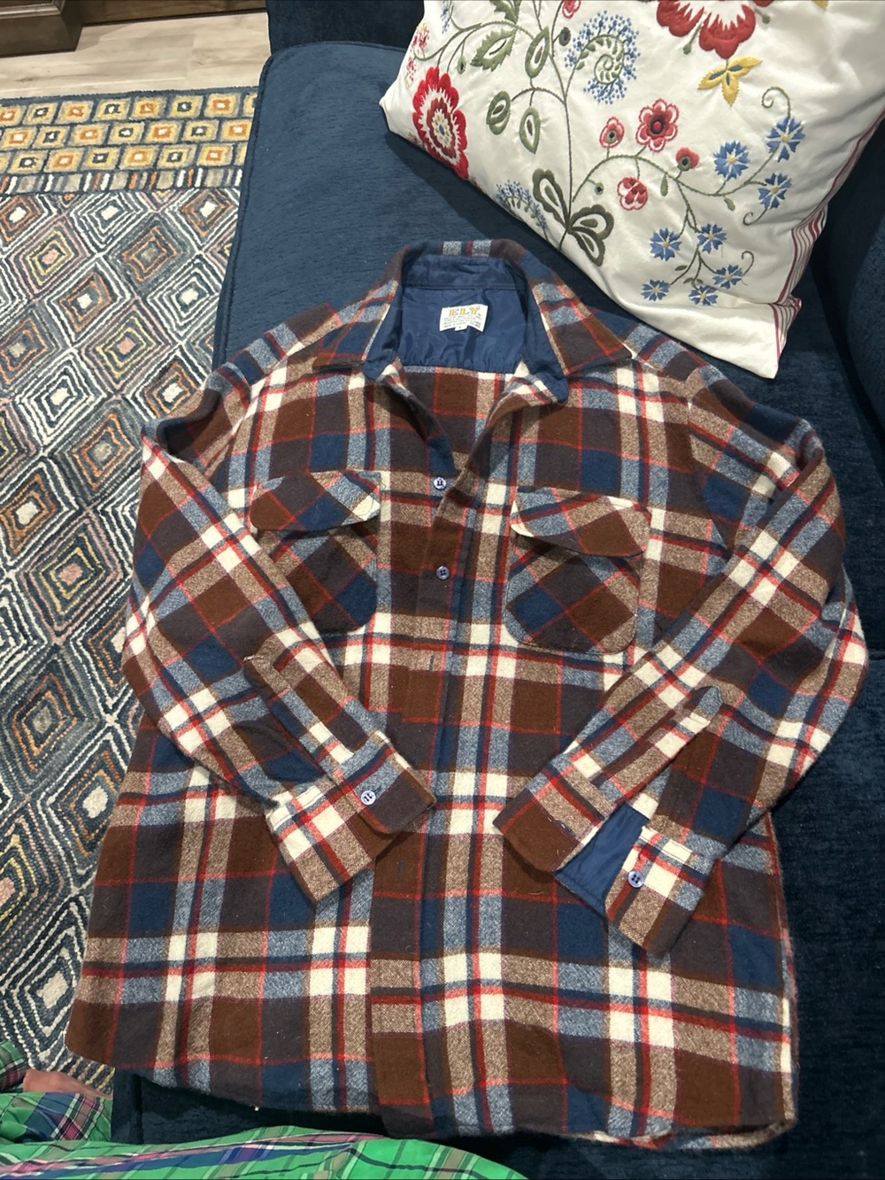 Ely Cattleman Navy Lined Wool Shirt Jacket with Brown Plaid Trim - Picture 2 of 8